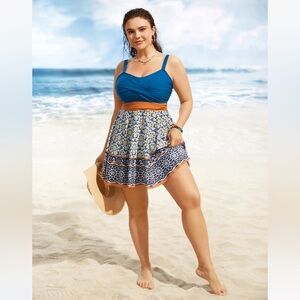 BLOOMCHIC NEW Geometric Print Patchwork Twist Front Swim Dress Adjustable Top 24